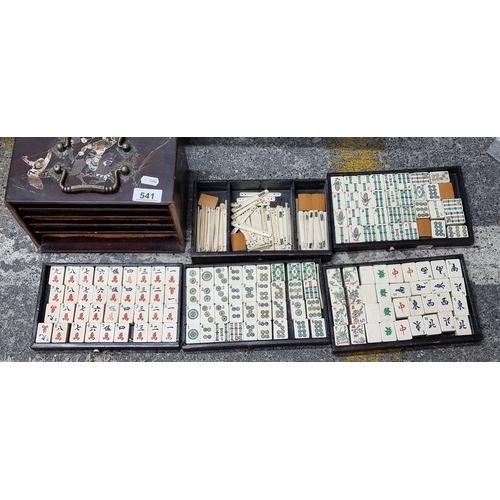 541 - A fascinating antique Mahjongg game made of thick bone and bamboo in a  box with sliding drawers. Co... 