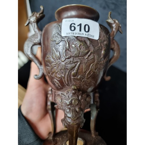 610 - Star Lost : An attractive antique Chinese heavy bronze urn vase with dragon handles. With hole to ba... 