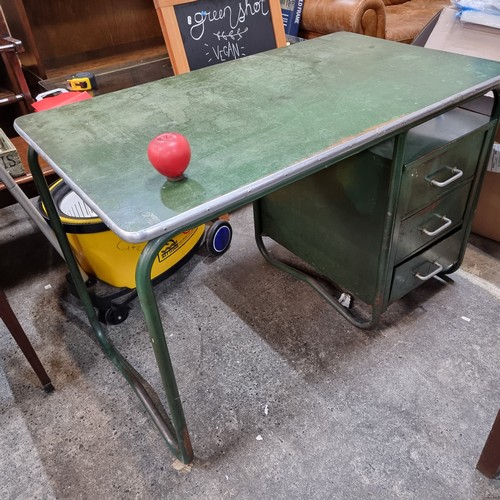 872 - A super retro green workbench supported by metal legs, with a petite filing cabinet fitted nicely un... 