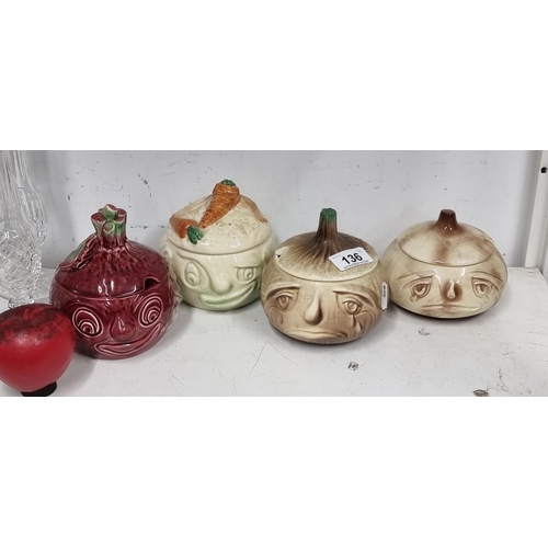 136 - Four interesting vintage ceramic Sylvac crying onion jars. C. 19070s