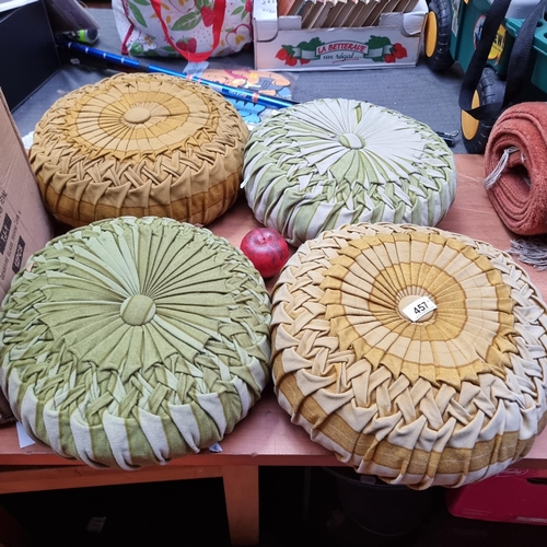 457 - Four fabulous round vintage cushions upholstered in complementary green and gold fabrics. Great for ... 