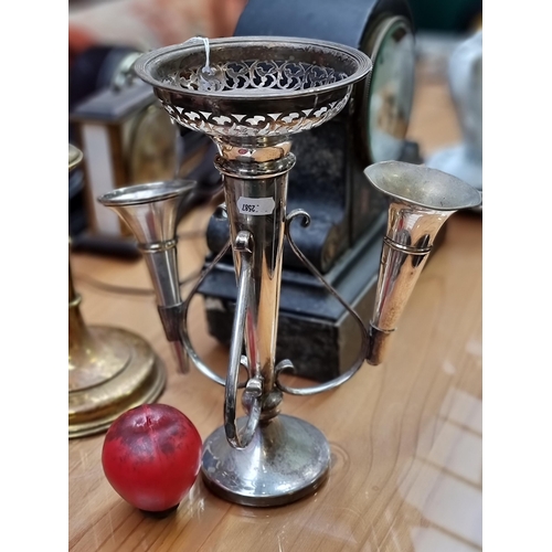 468 - An Edwardian silver plated epergne with pierced detailing to center vase.