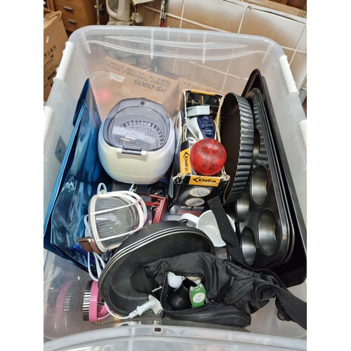 480 - A box containing a mixed lot of items including an Ultrastronic jewellery cleaner, a Delta kitchen b... 