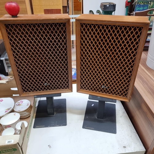 488 - A pair of vintage Sansui two way speakers in retro form along with two Standesign audio racks.