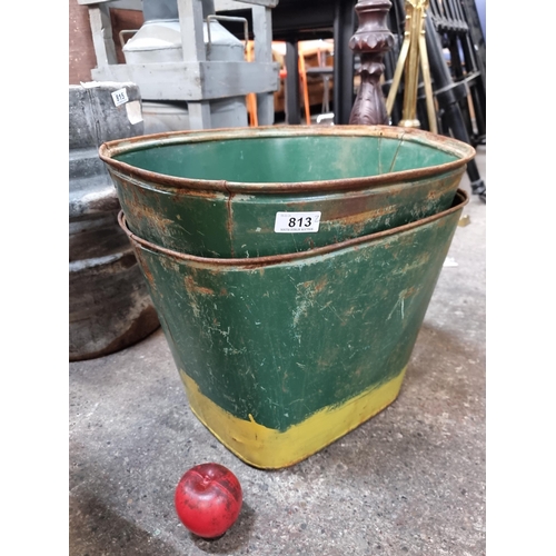 813 - A pair of large vintage steel briquette buckets. Have a great industrial look and that original pain... 