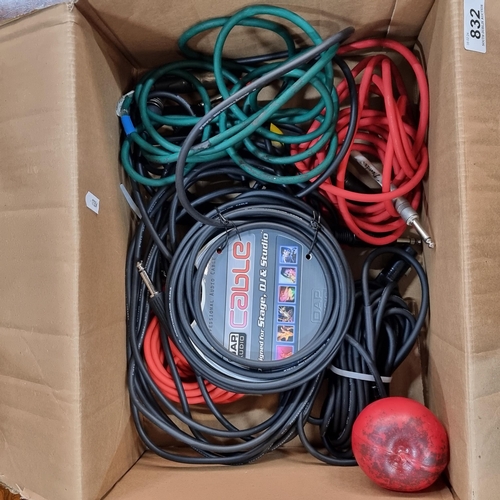 832 - A box containing a large amount of professional DJ audio cables.