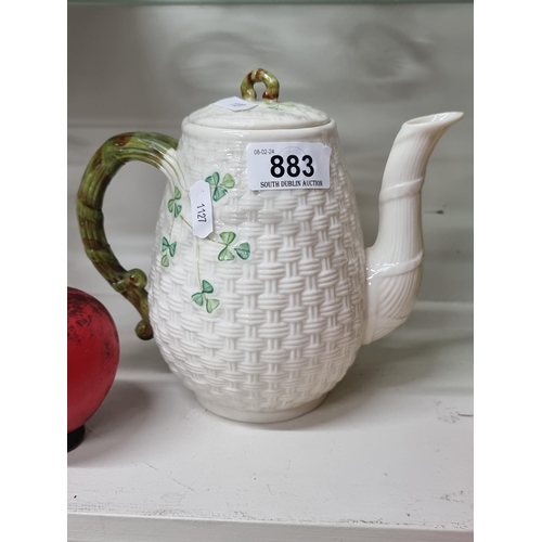 883 - A gorgeous vintage Belleek teapot with green stamp to base. Lovely colours and shape in VGC