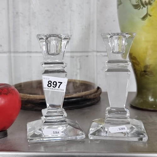 897 - A pair of stylish Galway Crystal candlesticks. In VGC