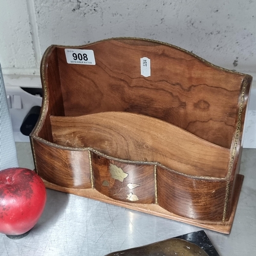 908 - A lovely vintage wooden letter rack with brass inlay.