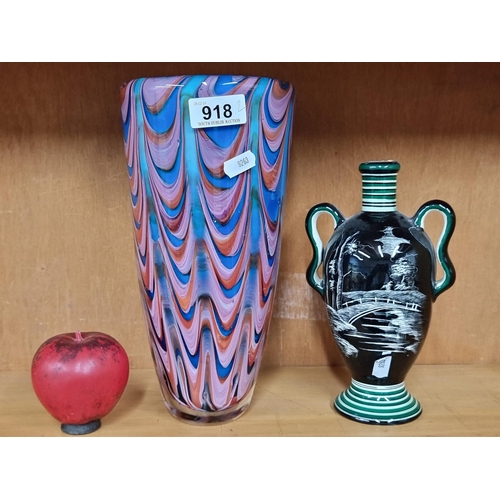 918 - Two items including a striking colourful Art Studio glass vase example and a lovely Bottle of Japane... 