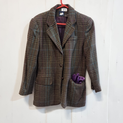 571 - An elegant vintage Lizsport Petite tweed blazer in a purple, red, blue and yellow / green tartan che... 