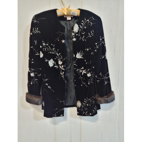 577 - A fabulous Chetta B women's jacket with velvet foliate design to front, lovely fur cuffs and silk li... 