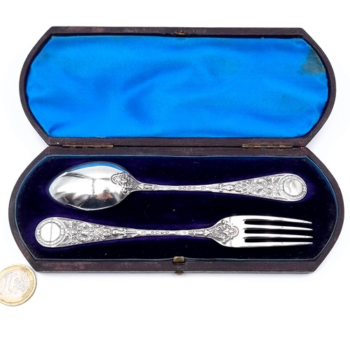 605 - A sterling silver Victorian spoon and fork set, hallmarked London 1876, spoons initialled with fine ... 