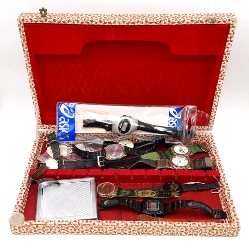 613 - A collection of assorted wristwatches together with a machine cut cigarette case. With vintage examp... 