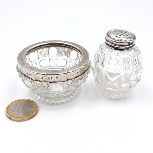 630 - Two cut glass items consisting of a dish with a sterling silver rim, hallmarked Birmingham together ... 