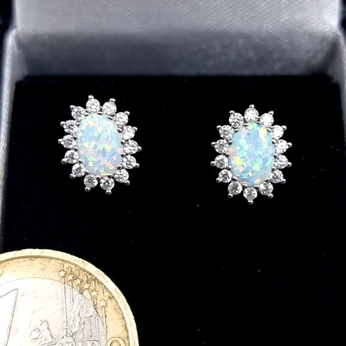 672 - A beautiful pair of sterling silver (stamped 925) stud earrings holding opal gemstones surrounded by... 