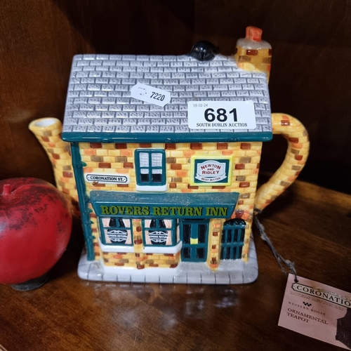 681 - A novelty Coronation St. Rovers return Inn ornamental teapot. Hand painted by Annie Rowe. By Western... 