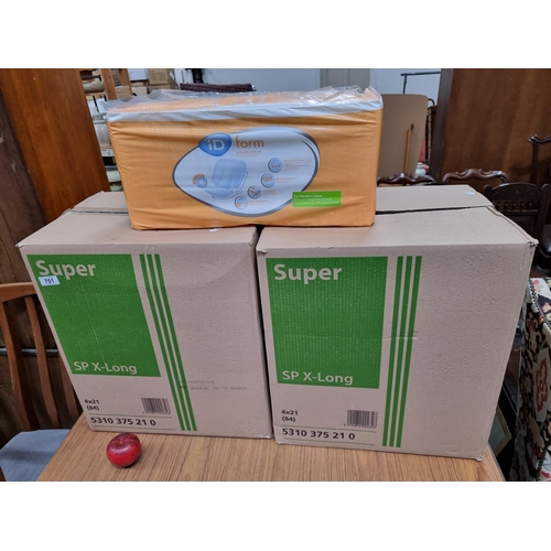 701 - Two full boxes of new adult diapers. iD Form anatomically shaped extra long pads for bariatric use. ... 