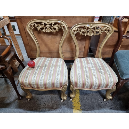 726 - A gorgeous pair of antique French Gilt fireside chairs with wonderfully moulded backs in a foliate d... 