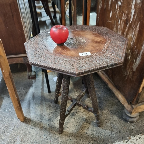 737 - A gorgeous vintage arts and crafts octagonal side table, profusely carved with delicate foliate moti... 