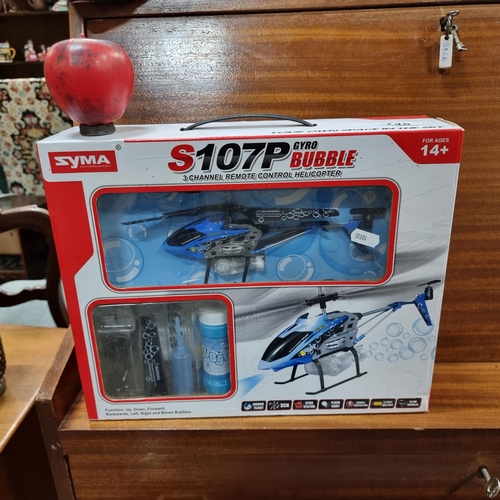 748 - A Syma S107)P Gyro Bubble 3 channel remote control helicopter, held on original box.