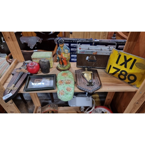 756 - A good mixed lot with license plate, Dagger, cow bell etc