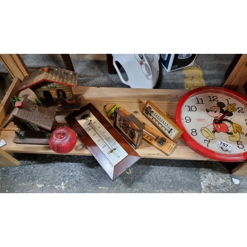 757 - Good mixed lot with a Mickey Mouse clock,  a Hummel clock and 5 thermometers.