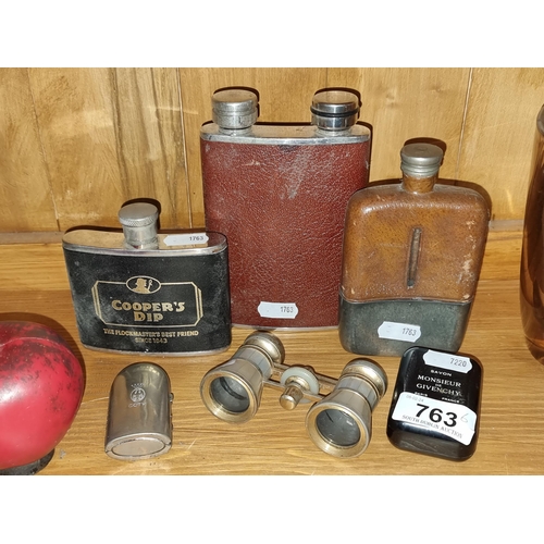 763 - Six good collectible items including 3 leather cased hip flasks, opera glasses and two Designer vint... 