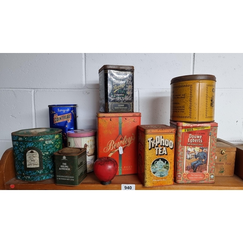 940 - A really lovely collection of vintage tins, mostly tea and coffee including a Bewleys example.