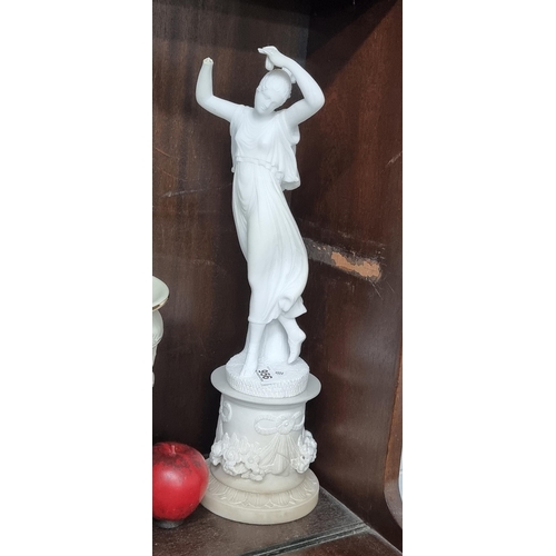 956 - A very elegant tall 19th century alabaster figure of a female set on a floral plinth base. Missing t... 