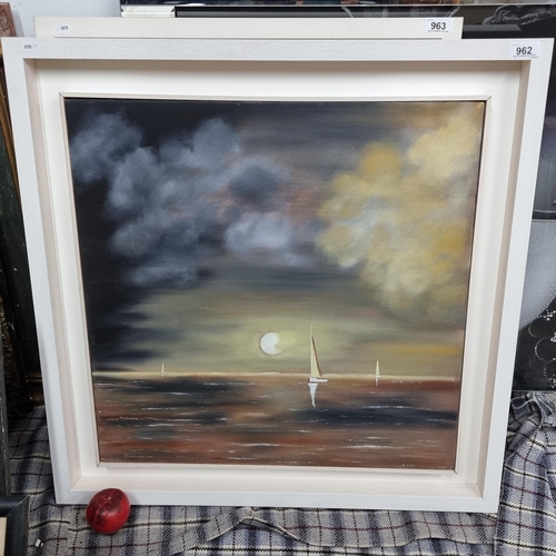 962 - An original Susan Holmes (Irish, contemporary) oil on canvas painting featuring a moonlit coastal la... 