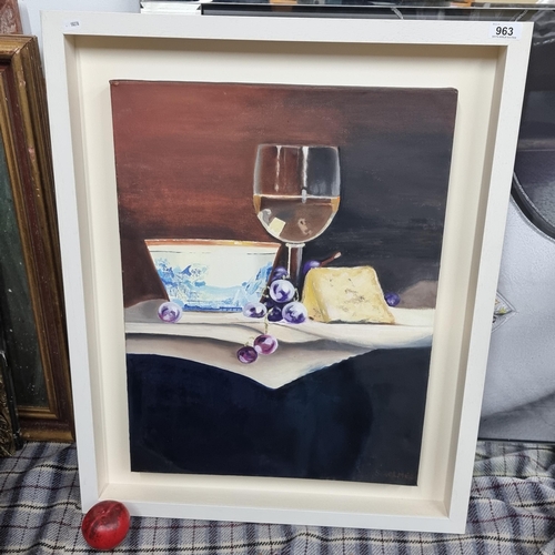 963 - An original Susan Holmes (Irish, contemporary) oil on canvas painting featuring a still life scene o... 