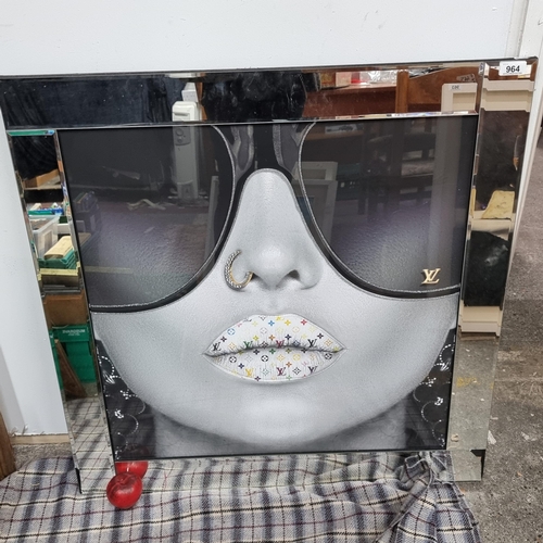 964 - A super stylish very large embellished print of a model wearing Louis Vuitton sunglasses with the LV... 