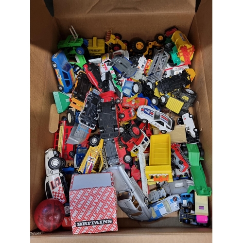 160 - A very large box filled with vintage toy cars and trucks including corgi and matchbox examples. Very... 