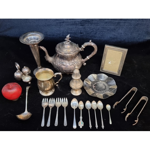 161 - A Box of Antique silver plated items including a beautiful ornate tea pot and other items