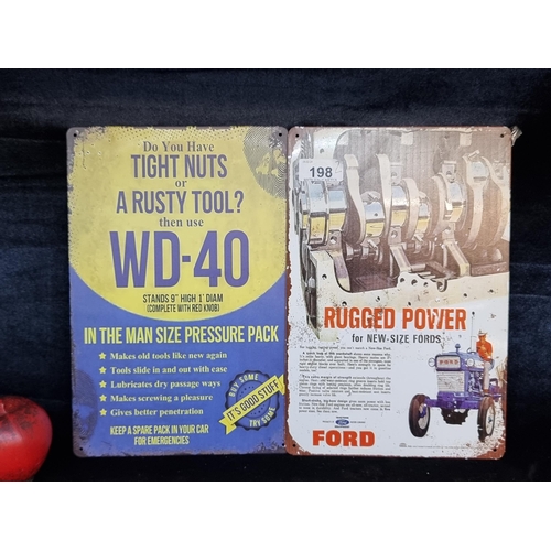 198 - Two metal advertising wall signs, including one for WD40 and the other for 4 tractors.