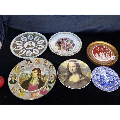 199 - A lot of six collectors plates including a Wedgewood Dickens characters  and a Mona Lisa plate.