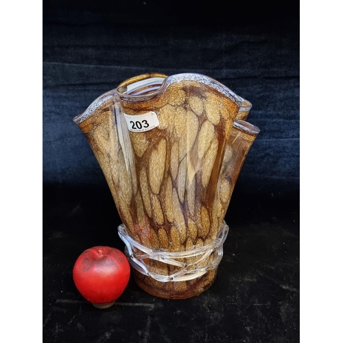 203 - A fabulous vintage large Zorza handblown art glass vase with fluted rim and smoked finish. In VGC,