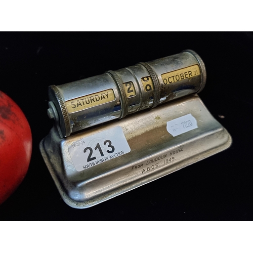 213 - A practical vintage perpetual desk calendar for Loudoun House A.G.G.S 1949.