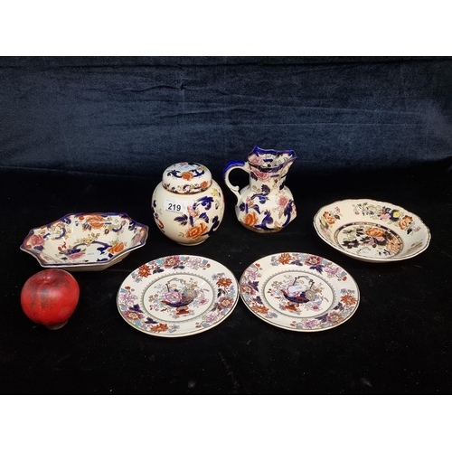 219 - Six stunning pieces of Masons pottery including three in the 'Mandalay' pattern with a water jug, li... 