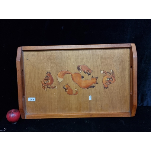 243 - A fascinating vintage wooden serving tray with carved foxes at play, designed to the wood. Really ch... 