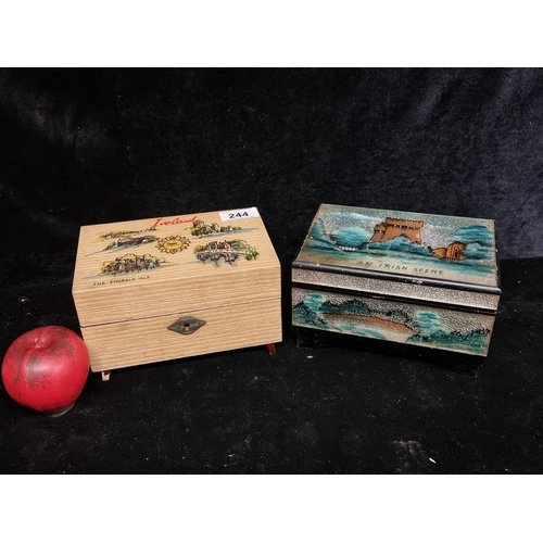 244 - Two charming Irish themed jewelry boxes including an adorable music example.