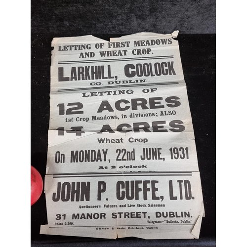 251 - An original 1931 Dublin auctioneers poster advertising the letting of first meadows and wheat crop L... 