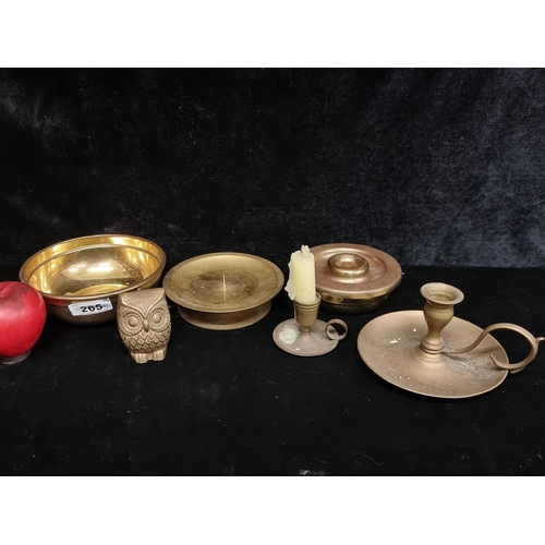 265 - Five vintage brass items including a chamberstick candle holder, a bowl and a charming owl paperweig... 