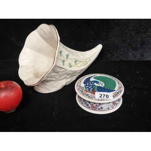 270 - Two pieces of vintage ceramics including a very large Belleek (Millennium 2000) cornucopia and a han... 