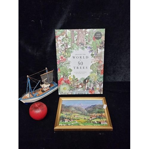 277 - Three items including a 1000 piece jigsaw, a charming model boat and a neatly sized oil on board sig... 