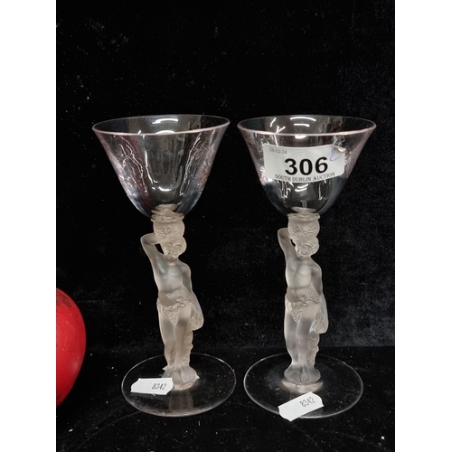 306 - A pair of beautiful  art deco French Bayel crystal Bacchus glasses featuring male nude frosted stems... 