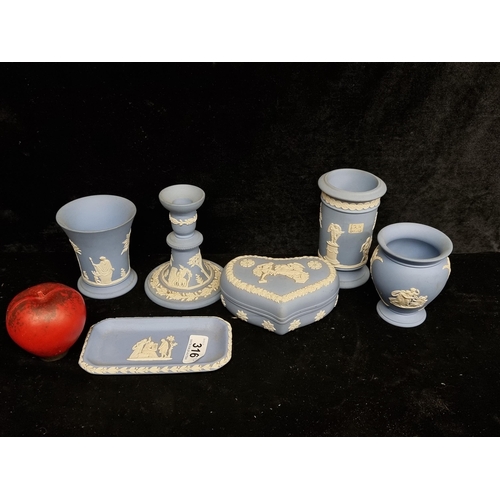 316 - A lovely collection of six pieces of Wedgwood Jasperware including three vases, a ring dish and a he... 