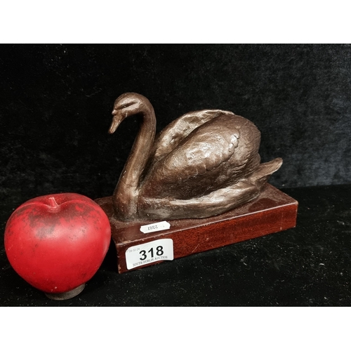 318 - Star Lot : A fabulous and heavy original Peter Hicks cast bronze figure of a swan, held on a wooden ... 