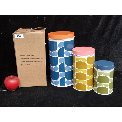 331 - A brand new set of three Orla Kiely designer nesting canister tins in her characteristic 60s style f... 